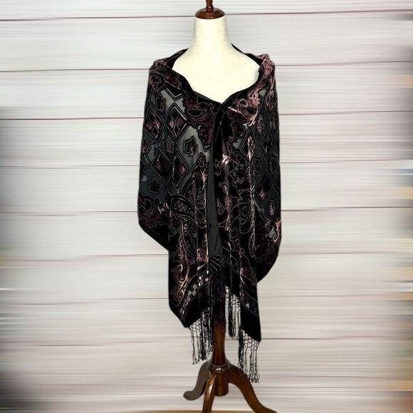 Dark Burgundy Scarf Shawl Burnout Velvet Silk Lined Fringes - Picture 10 of 14